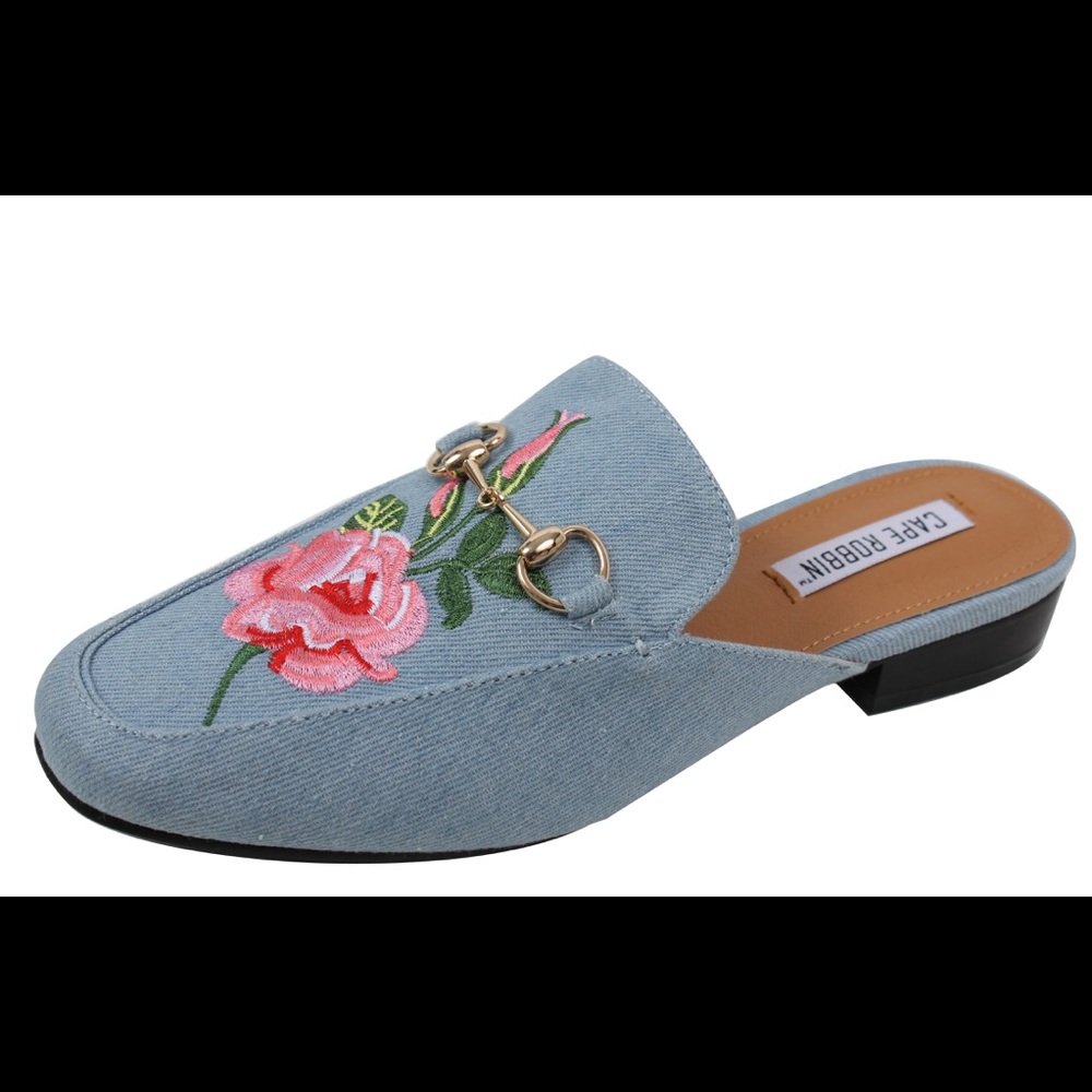 Denim blue Floral Embroidered Slip on Mules - Picture 2 of 7